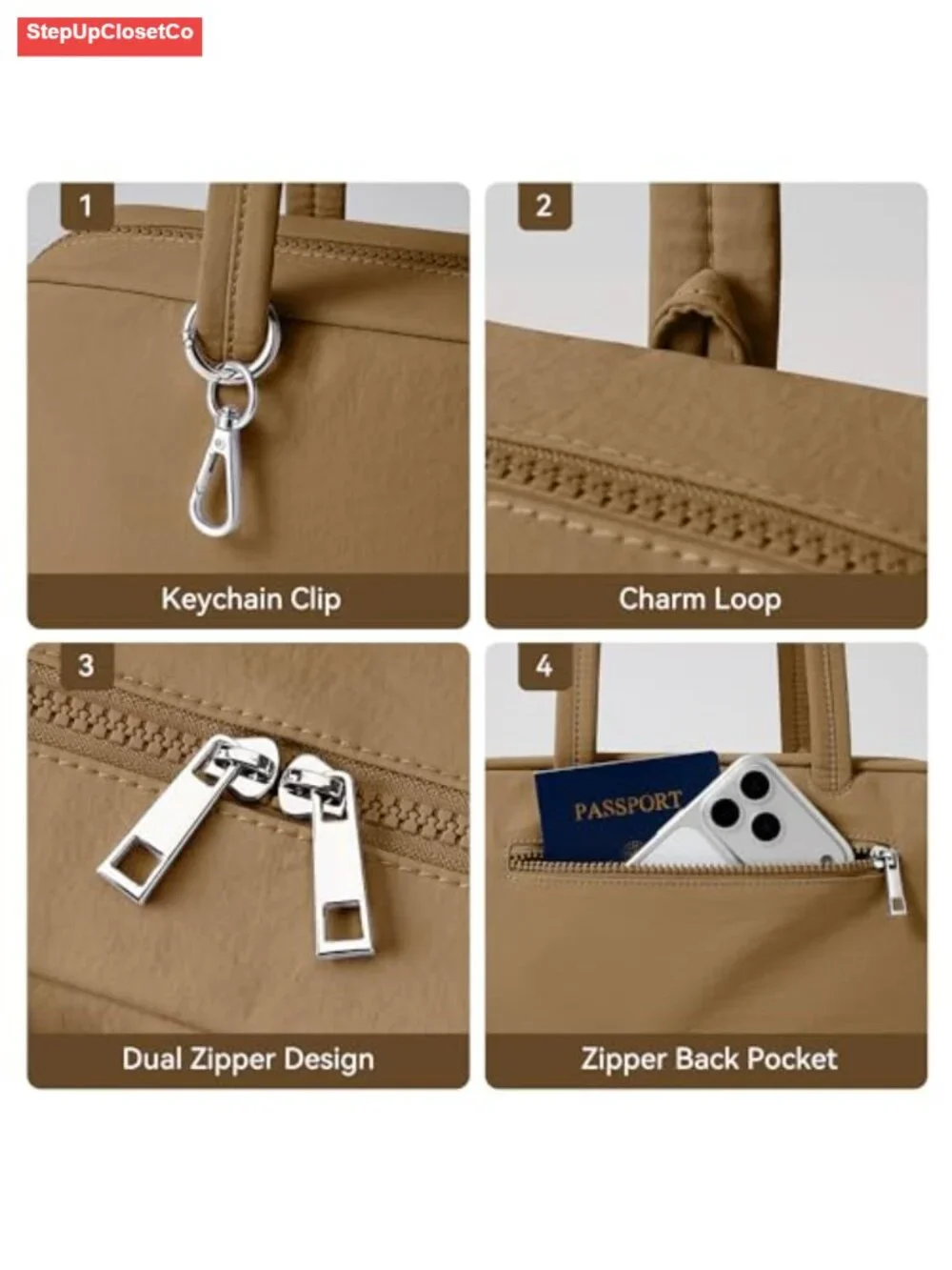 Lightweight Nylon Bowler Tote Bag with Keychain Clip Shoulder Purse